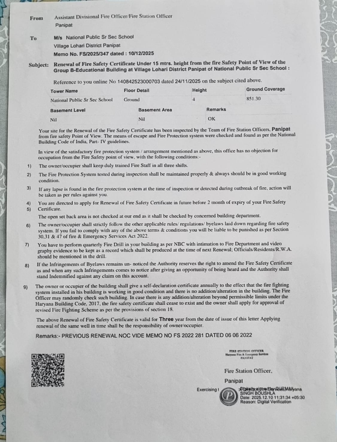 Fire Certificate - National Public Sr. Sec. School, Lohari