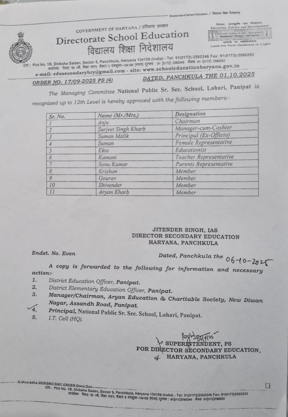 Management Committee Certificate - National Public Sr. Sec. School, Lohari